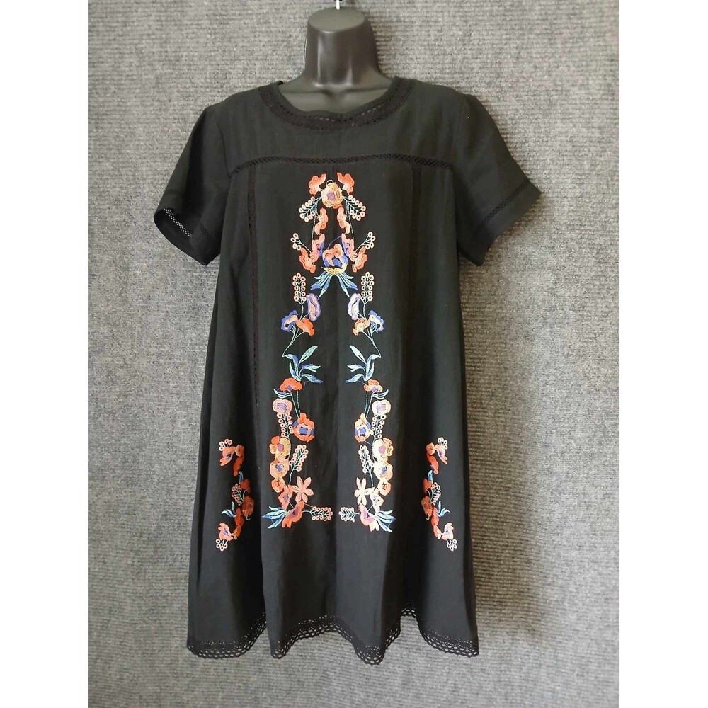 Rebellion Again Dress A-Line Size L Black Cotton Blend Embroidered Flowers Boho
